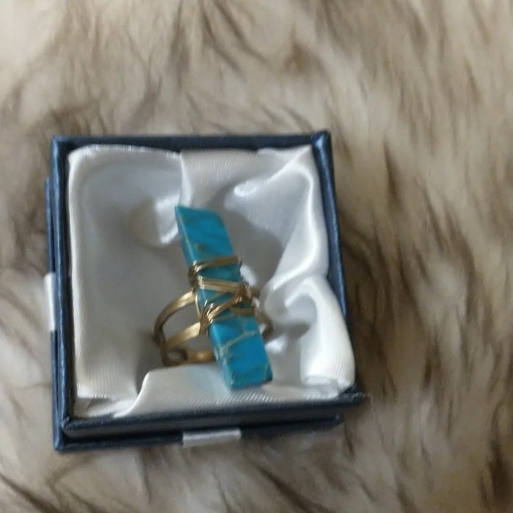 Super cute gold wire wrapped faux turquoise adjustable ring.